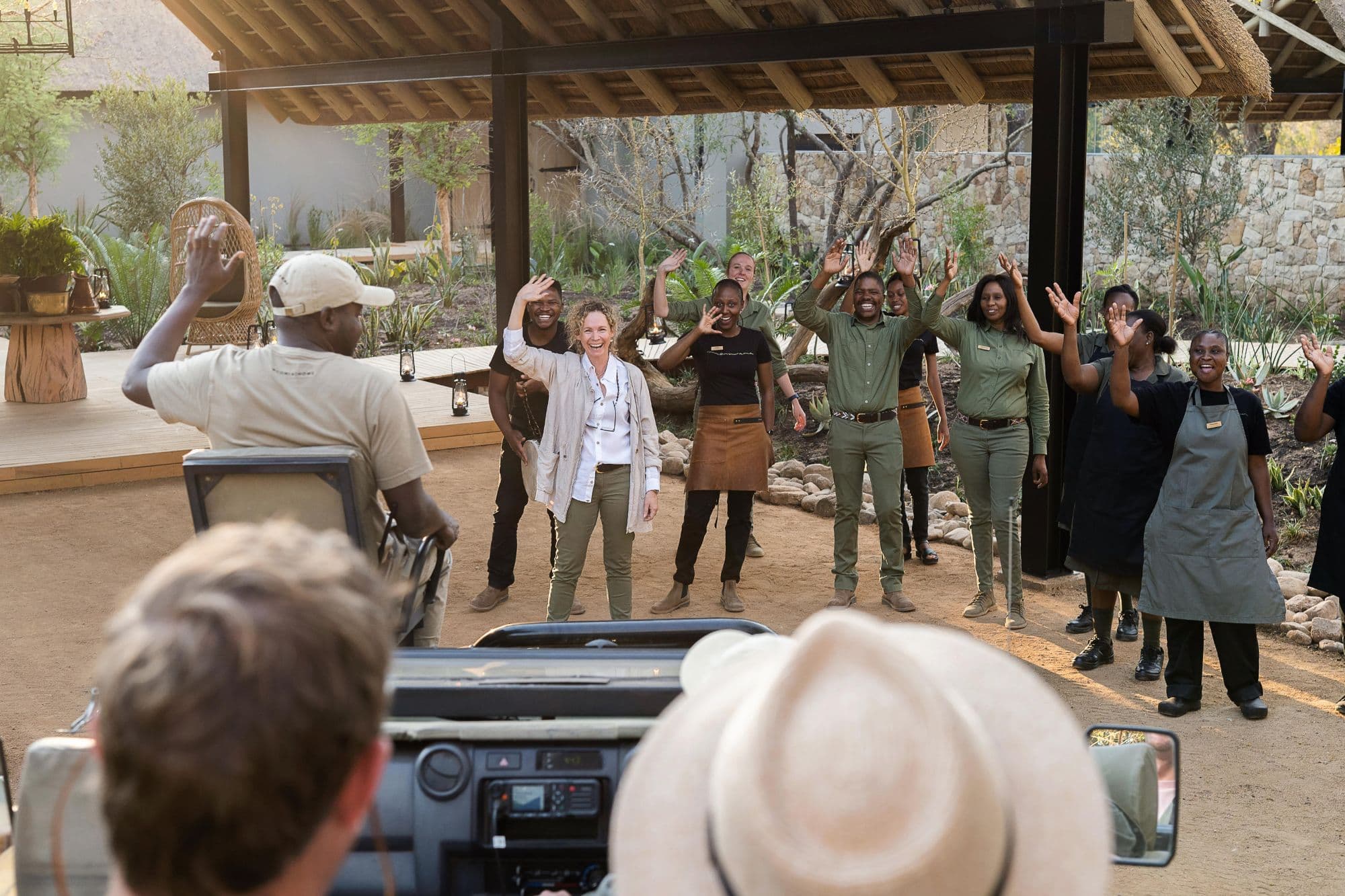 The Monwana team lined up to welcome guests arriving back from a game drive